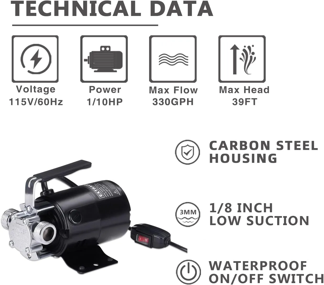115V 330GPH Electric Utility Pump with On/Off Switch 6ft Water Hoses Kit for Removing Water from Water Beds Garden Pools Aquariums Hot Tub Draining 1/8’’ Low Suction