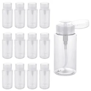 12 Pack Push Down Nail Polish Remover Pump Dispensers, 200ml Pump Dispenser Bottle, Push Down Pump Dispenser Bottle with Flip Cover for Nail Polish Makeup Remover
