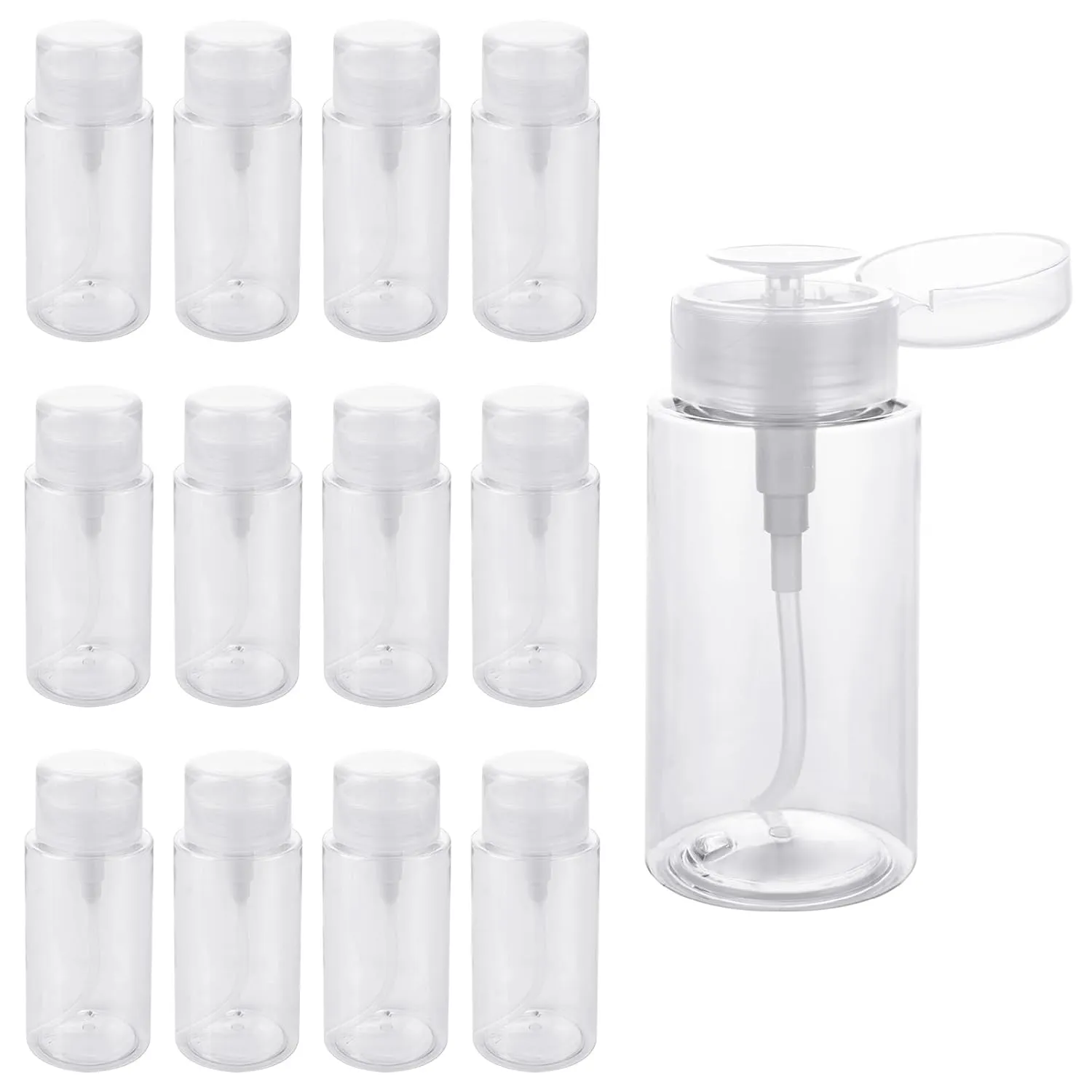 12 Pack Push Down Nail Polish Remover Pump Dispensers, 200ml Pump Dispenser Bottle, Push Down Pump Dispenser Bottle with Flip Cover for Nail Polish Makeup Remover