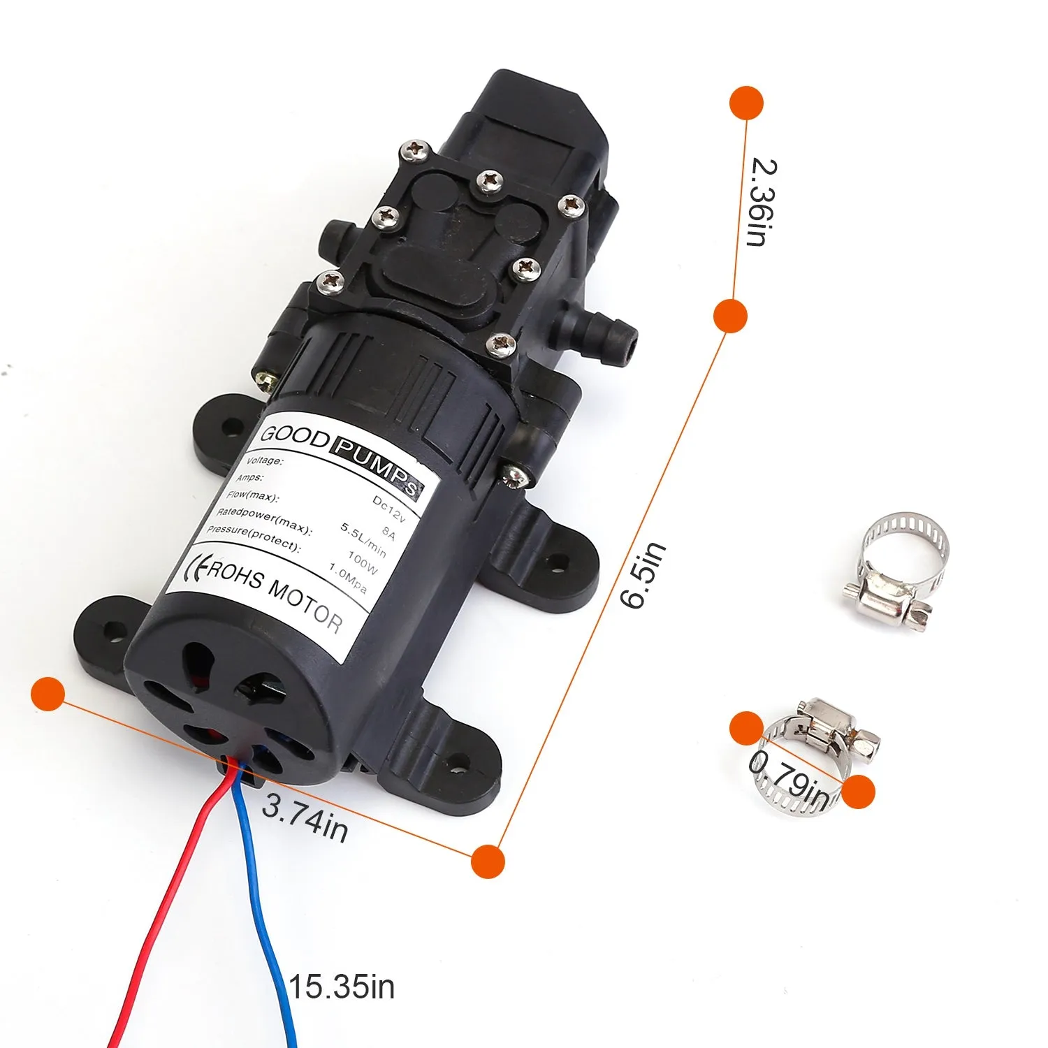 12V Water Pump with 2 Hose Clamps 123PSI Self Priming Sprayer Pump