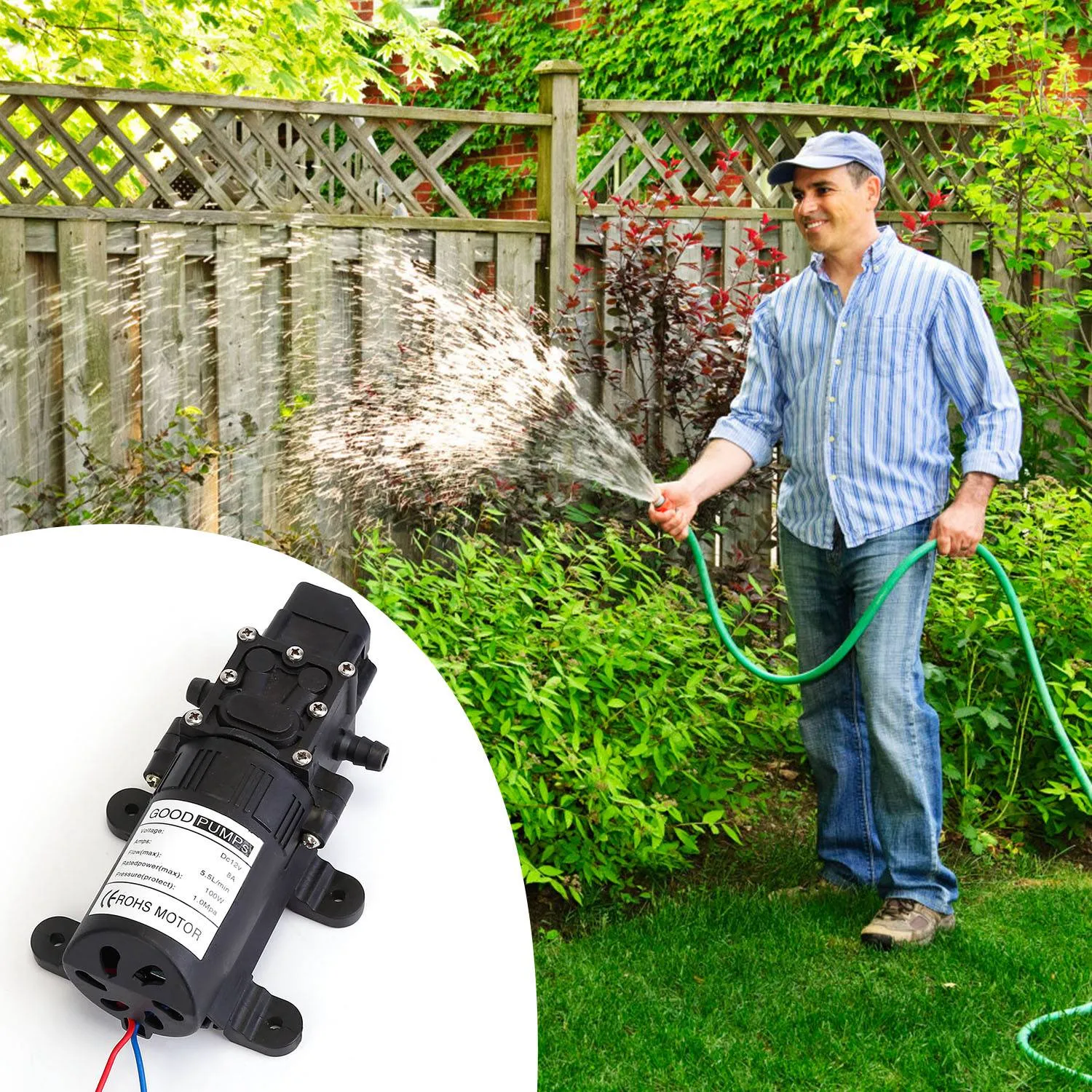 12V Water Pump with 2 Hose Clamps 123PSI Self Priming Sprayer Pump