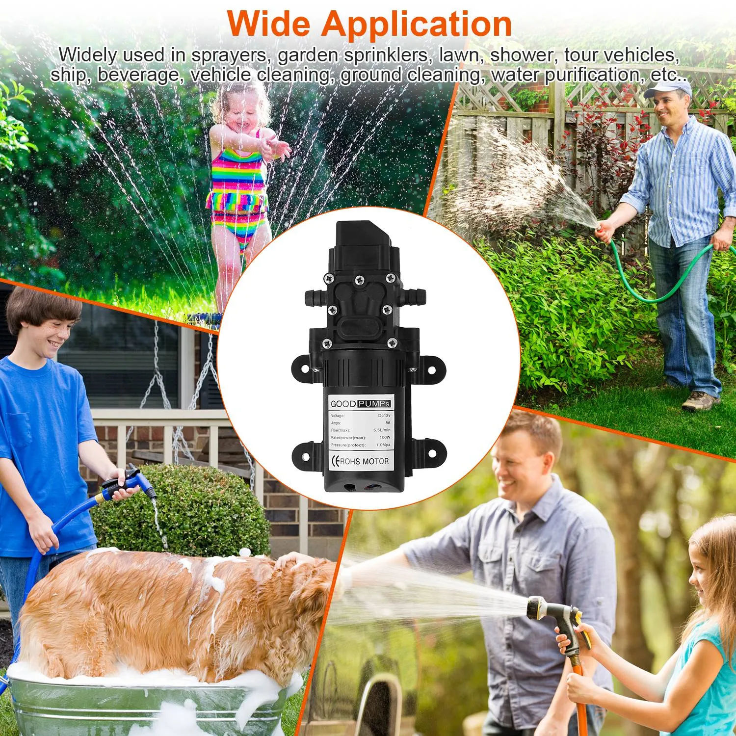 12V Water Pump with 2 Hose Clamps 123PSI Self Priming Sprayer Pump