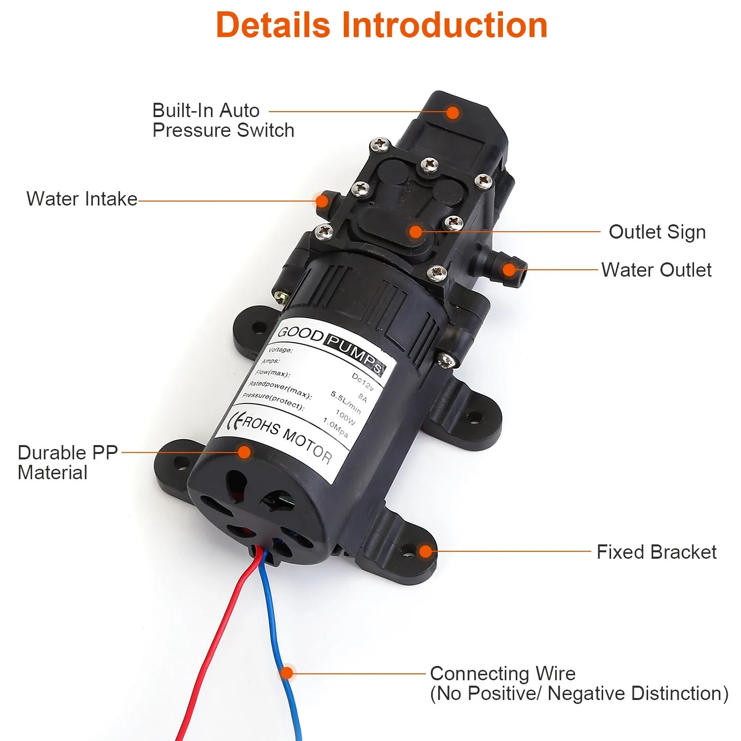 12V Water Pump with 2 Hose Clamps 123PSI Self Priming Sprayer Pump