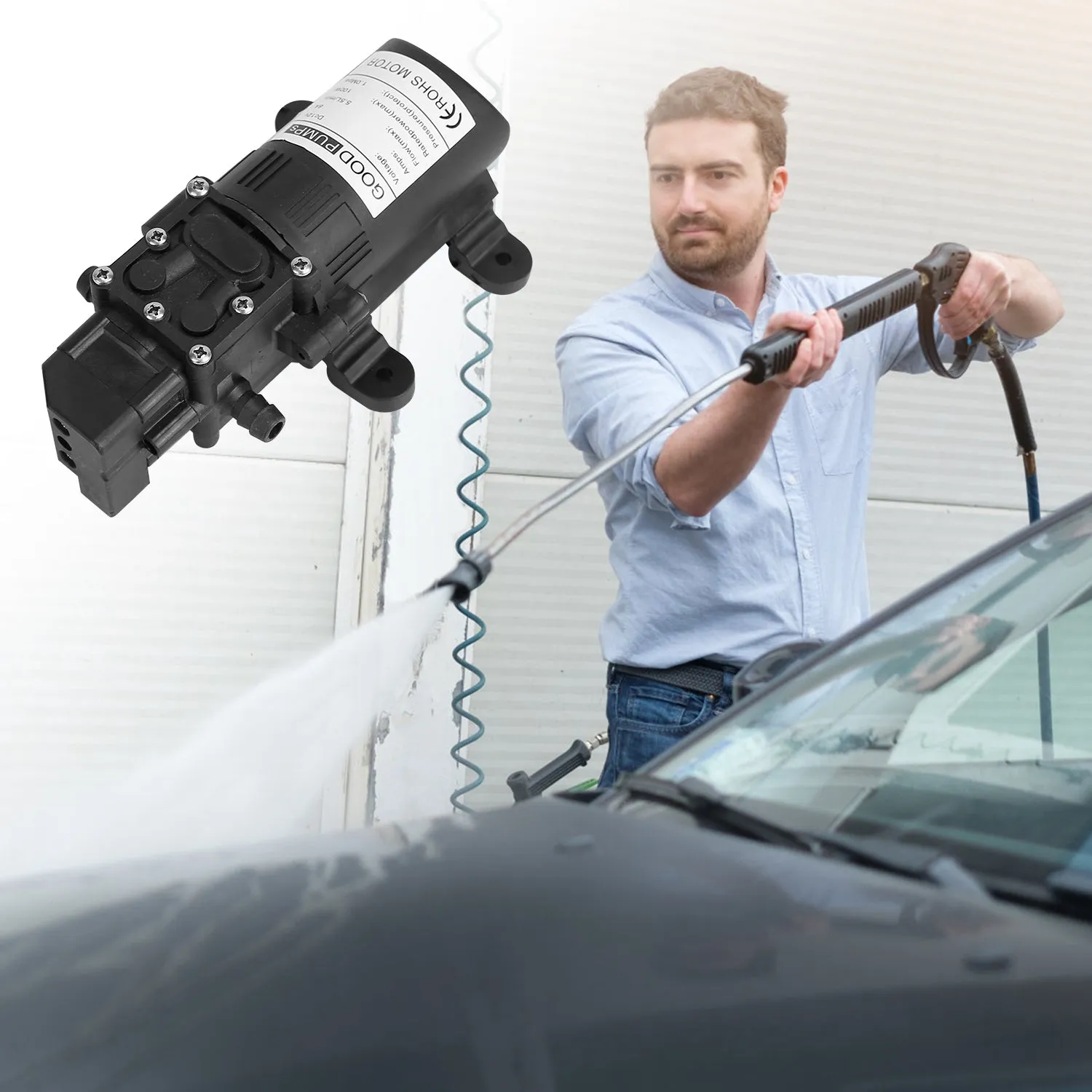 12V Water Pump with 2 Hose Clamps 123PSI Self Priming Sprayer Pump