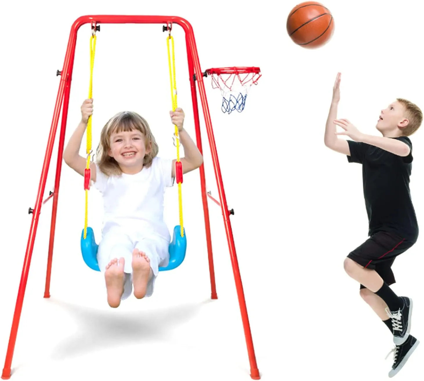 2 in 1 Childrens Swing Set U Shaped Heavy Duty 60kg Load Bearing Swing Set Plastic Alloy Swing Set with Basketball Hoop , Metal Swing Sets for Backyard , Metal Swing Sets for Backyard , 2 in 1 kids