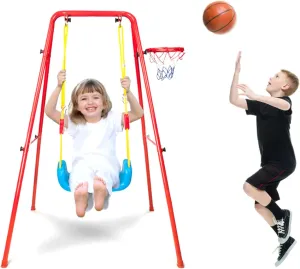 2 in 1 Childrens Swing Set U Shaped Heavy Duty 60kg Load Bearing Swing Set Plastic Alloy Swing Set with Basketball Hoop , Metal Swing Sets for Backyard , Metal Swing Sets for Backyard , 2 in 1 kids