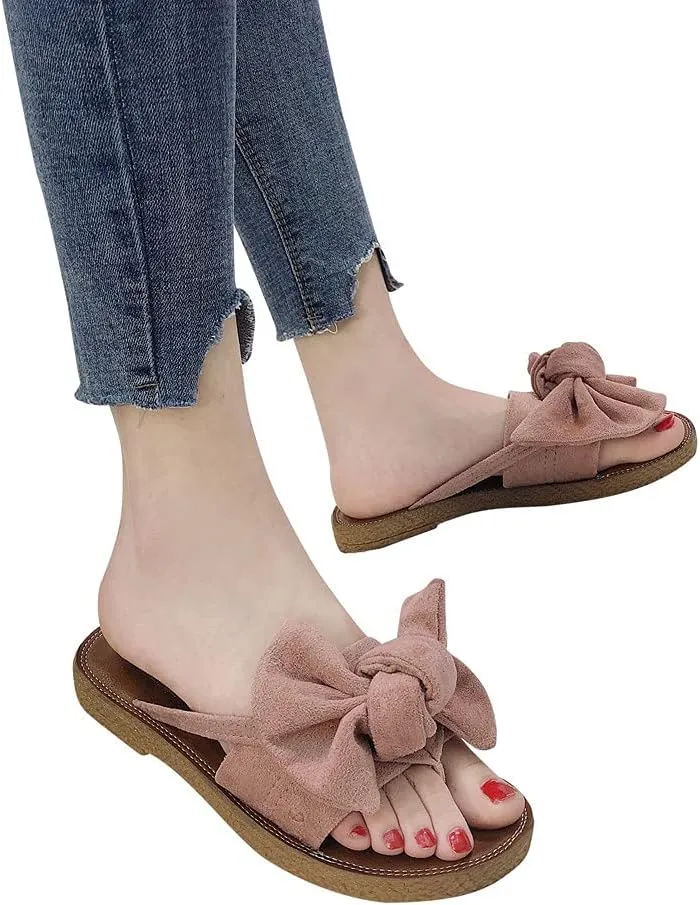 2025 Fashion Flat Womens Sandals Bow Fashion Color Women Sandals Beach Shoes Flat Heel tie Slipper Solid Women's slipper