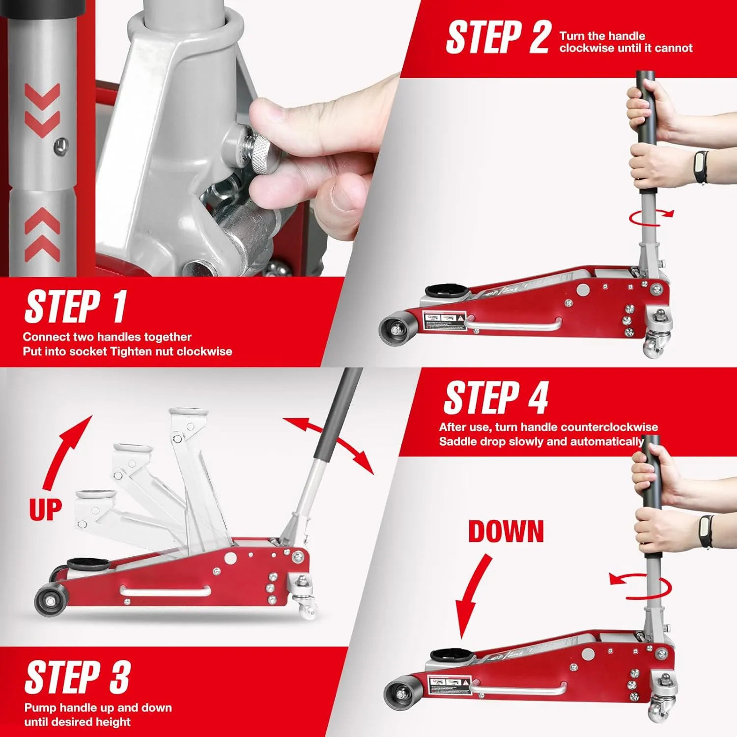 3 Ton Low Profile, Aluminum and Steel Racing Floor Jack with Dual Pistons Quick Lift Pump for Sport Utility Vehicle, Lifting Range 3-15/16" min to 18-5/16" max, Net Weight 58.5 lb, Red