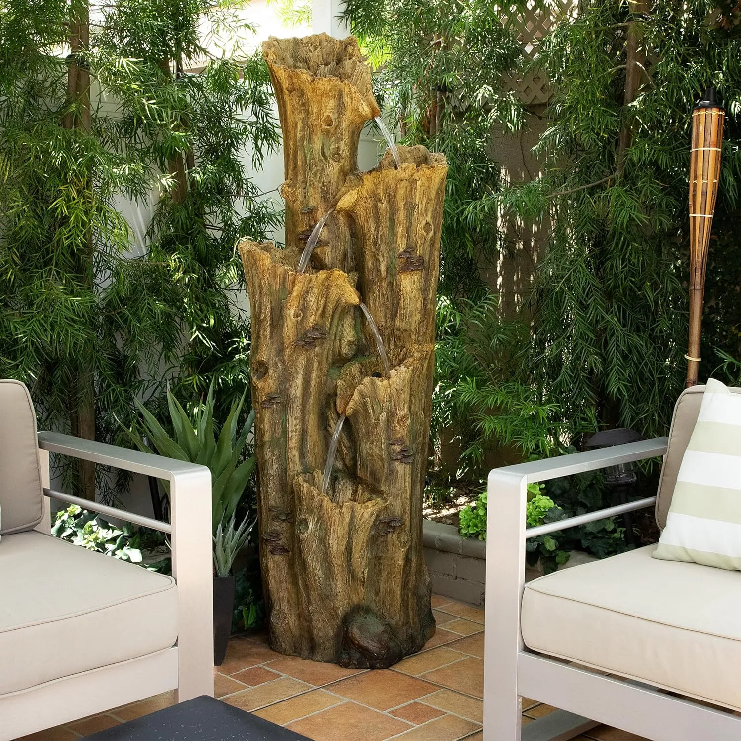 Alpine Corporation 65" Tall Outdoor 4-Tier Cascading Tree Bark Water Fountain with LED Lights