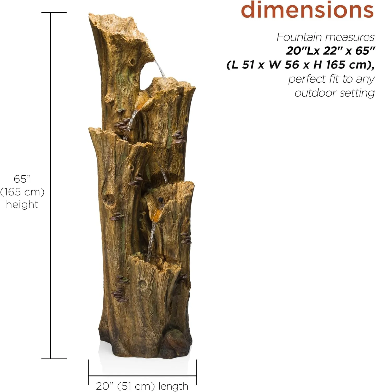 Alpine Corporation 65" Tall Outdoor 4-Tier Cascading Tree Bark Water Fountain with LED Lights