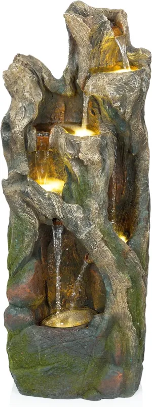 Alpine Corporation WIN1606 Outdoor Tree Trunk Water Fountain with LED Lights, Cascading Garden Fountain, Outdoor Floor Water Feature for Patio, Lawn, and Backyard 40”, Gray