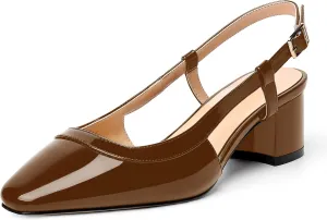 AMBELIGHT Womens Office Fashion Square Toe Patent Slingback Buckle Chunky Low Heel Pumps Shoes 2 Inch