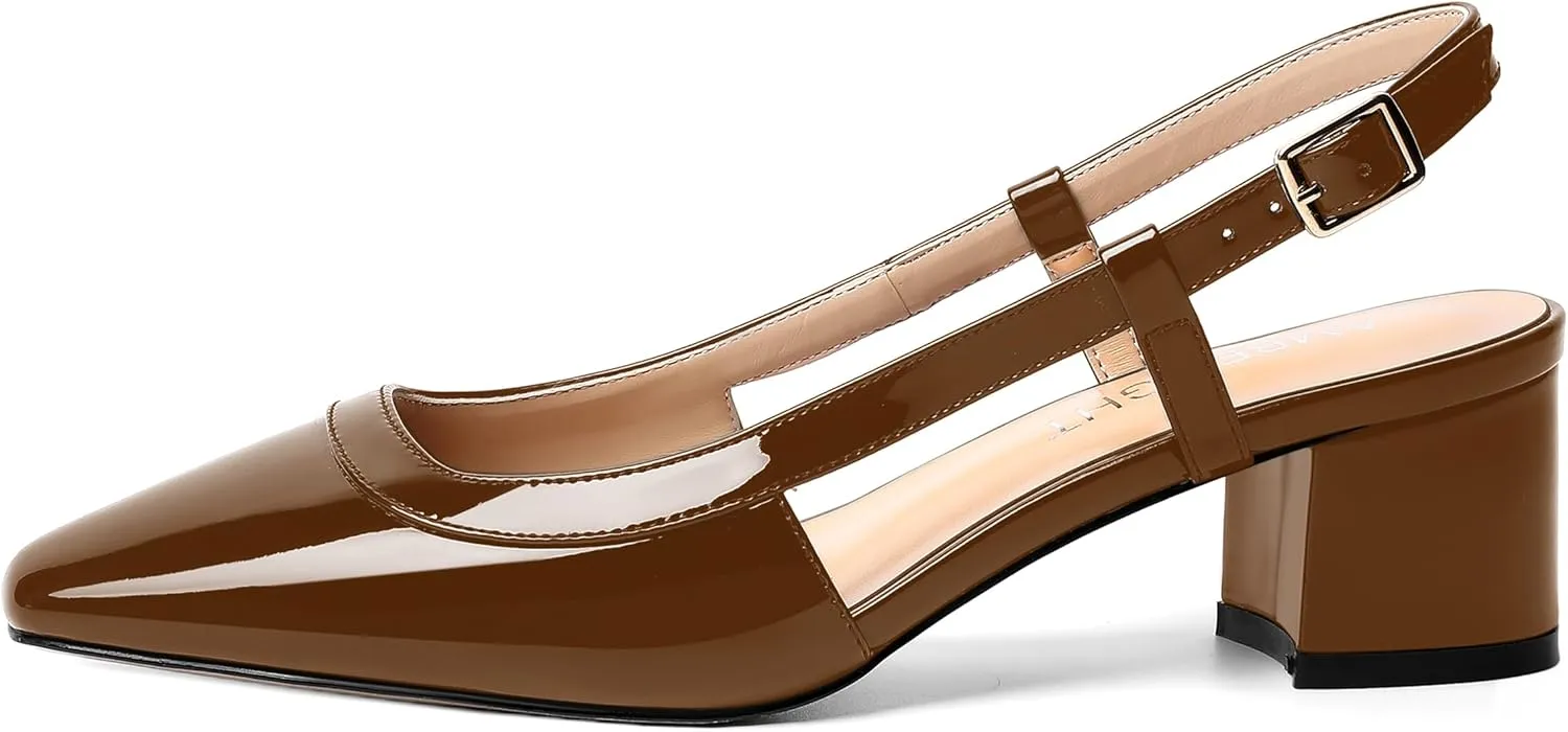 AMBELIGHT Womens Office Fashion Square Toe Patent Slingback Buckle Chunky Low Heel Pumps Shoes 2 Inch