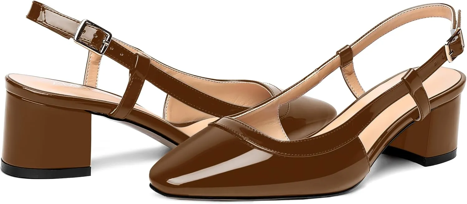 AMBELIGHT Womens Office Fashion Square Toe Patent Slingback Buckle Chunky Low Heel Pumps Shoes 2 Inch