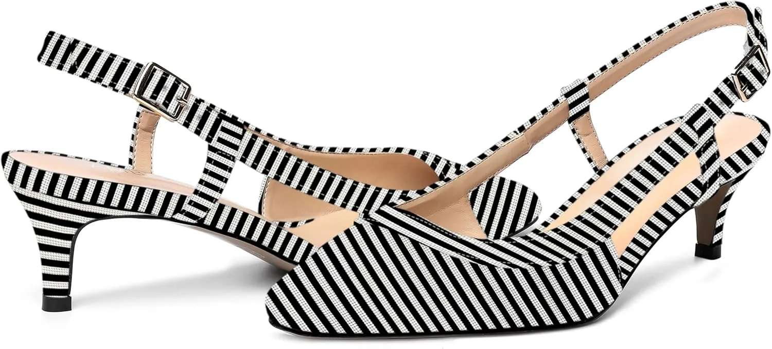 AMBELIGHT Womens Square Toe Evening Buckle Patent Sexy Slingback Kitten Low Heel Pumps Shoes 2 Inch