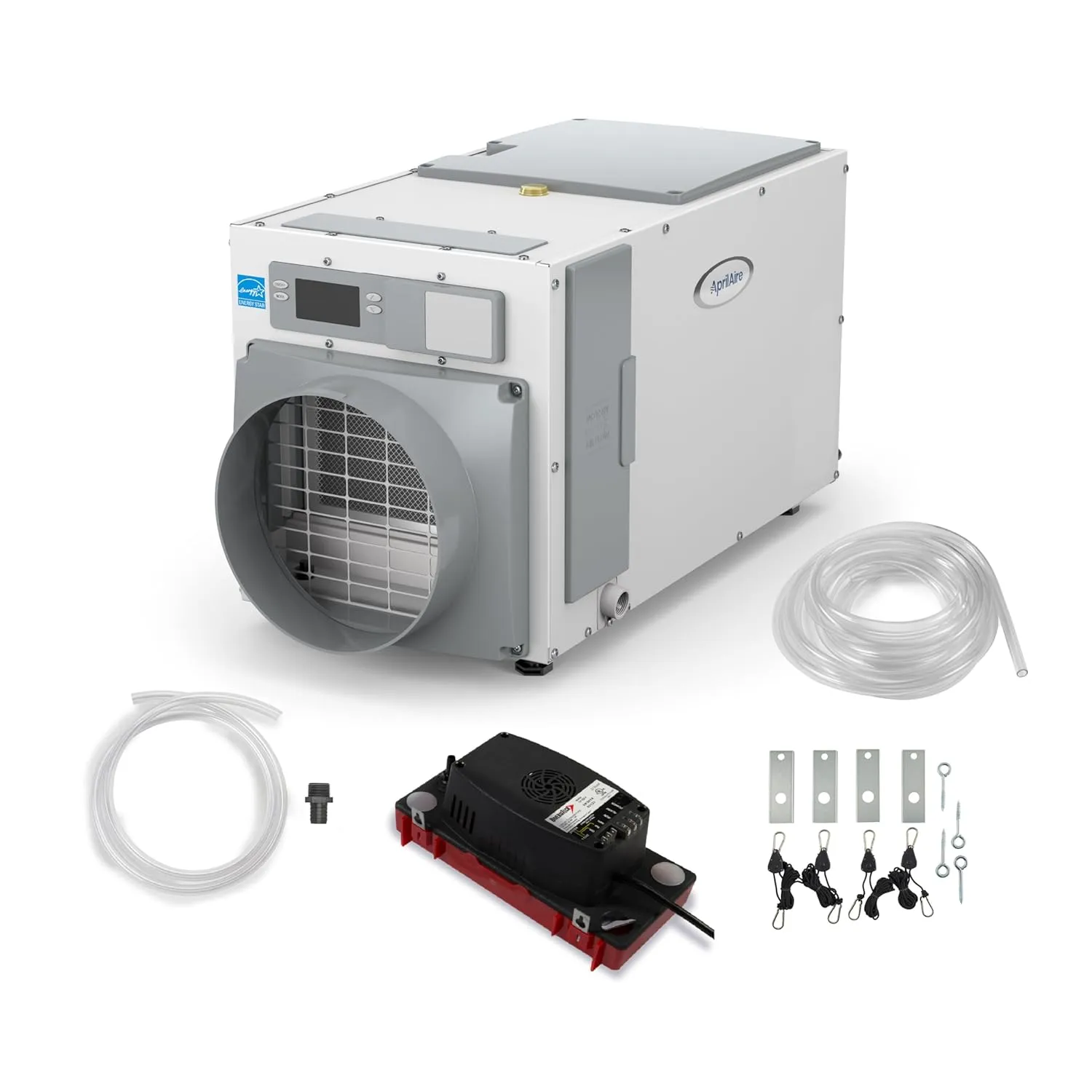 AprilAire E100 Whole House Dehumidifier for Basement & Crawl Space – 100-Pint High-Capacity Commercial Dehumidifier for Homes Up to 5,500 Sq. Ft. with Pump, Drain Hose, & Hanging Kit for DIY Install