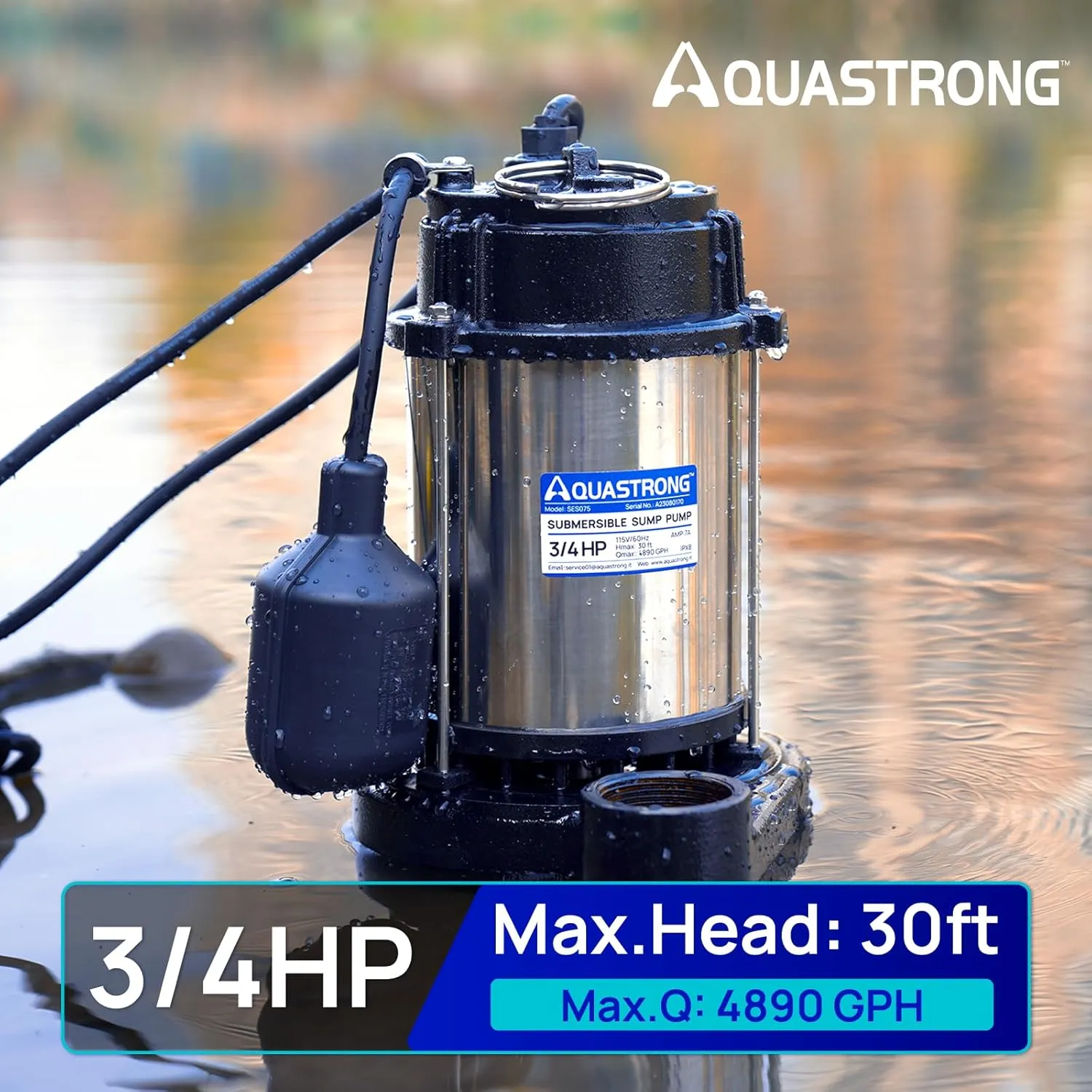 AQUASTRONG 3/4 HP Sump Pump Submersible, 4890 GPH Stainless Steel and Cast Iron Sump Pump, Automatic Float Switch with Piggy-back Plug,1-1/2" NPT Discharge Subpumps for Basement and Flooding Area