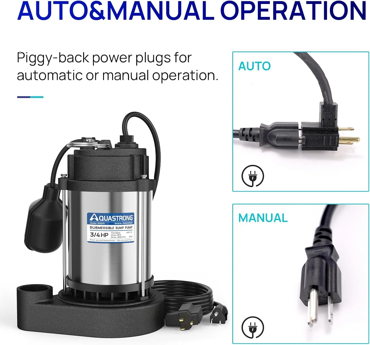 AQUASTRONG 3/4 HP Sump Pump Submersible, 4890 GPH Stainless Steel and Cast Iron Sump Pump, Automatic Float Switch with Piggy-back Plug,1-1/2" NPT Discharge Subpumps for Basement and Flooding Area