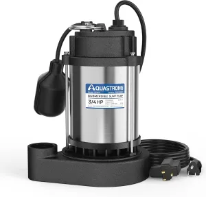 AQUASTRONG 3/4 HP Sump Pump Submersible, 4890 GPH Stainless Steel and Cast Iron Sump Pump, Automatic Float Switch with Piggy-back Plug,1-1/2" NPT Discharge Subpumps for Basement and Flooding Area