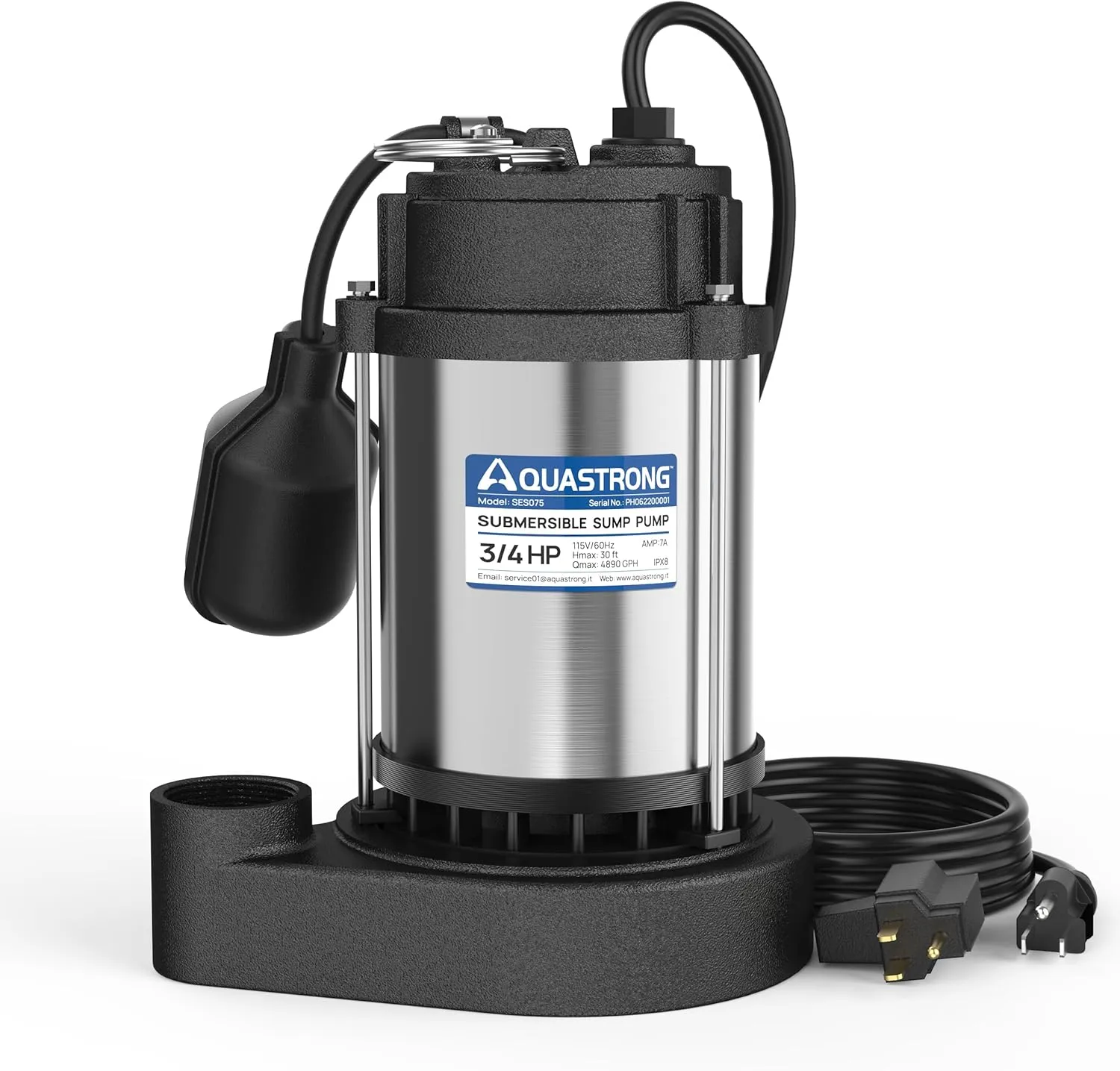 AQUASTRONG 3/4 HP Sump Pump Submersible, 4890 GPH Stainless Steel and Cast Iron Sump Pump, Automatic Float Switch with Piggy-back Plug,1-1/2" NPT Discharge Subpumps for Basement and Flooding Area