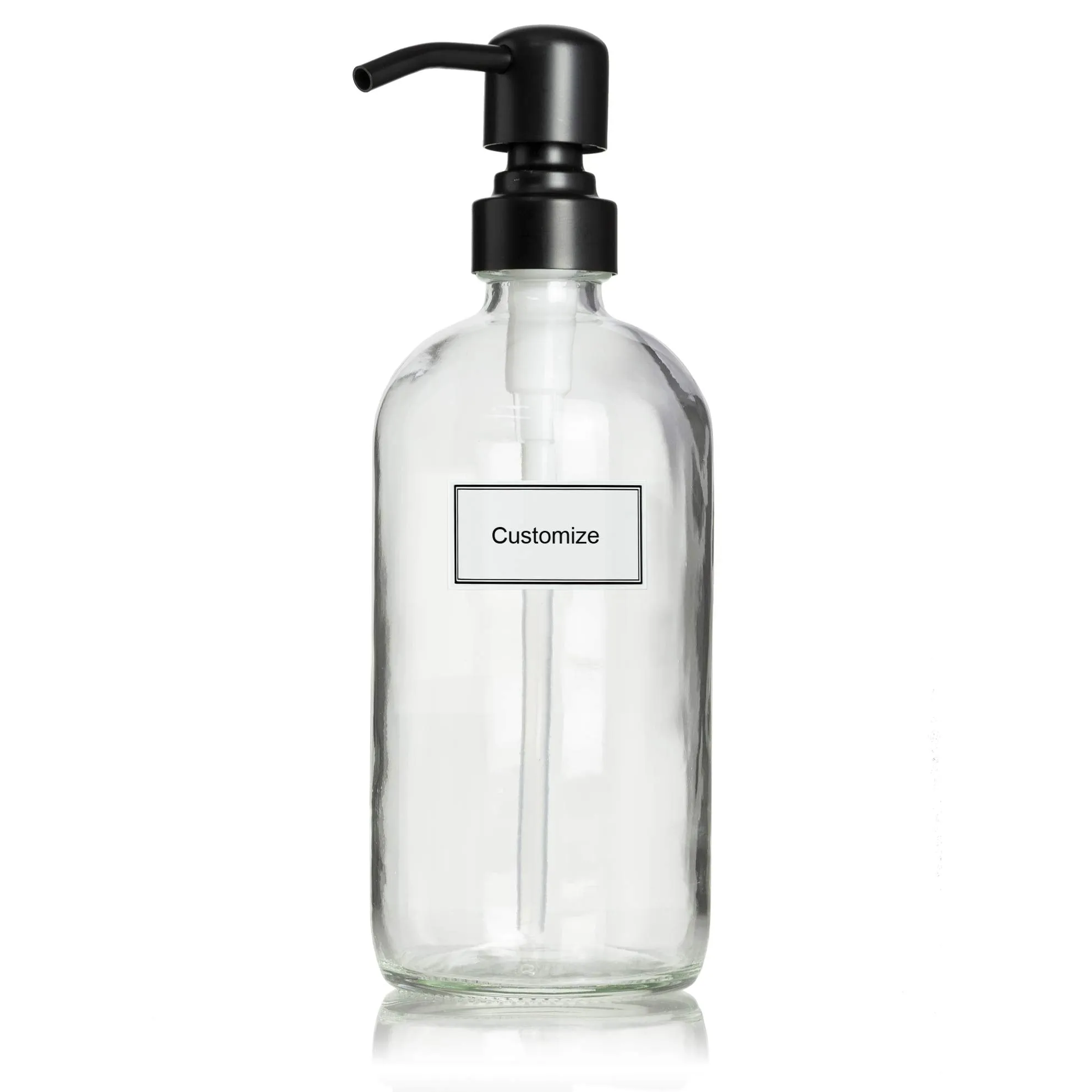Artanis Home Glass Bottle Including Black Satin Stainless Steel Pump and Customized Waterproof Label, 16 oz Boston Round, Clear