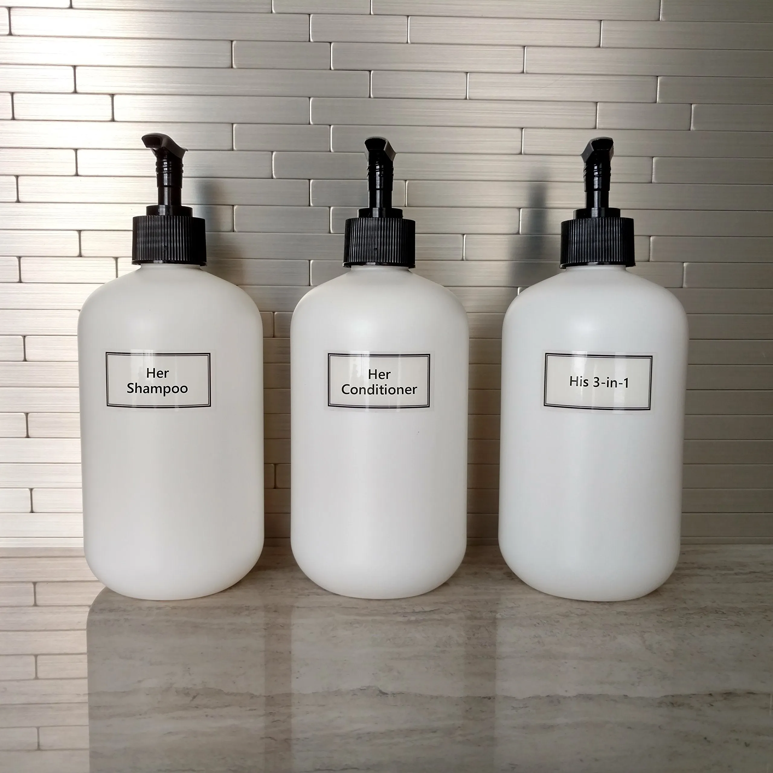 Artanis Home Plastic Bottles Including Black Pumps   Customized Waterproof Labels, 16 oz. Squat Boston Round 3-Pack, White