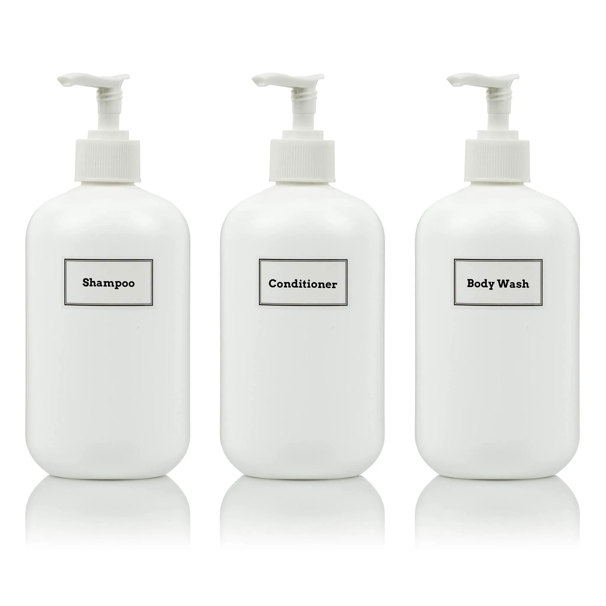 Artanis Home Plastic Bottles Including White Pumps and Customized Waterproof Labels, 16 oz. Squat Boston Round 3-Pack, White