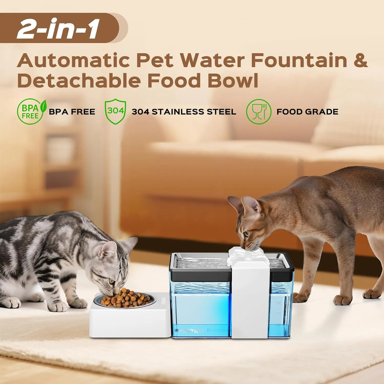 Automatic Cat Water Fountain with Food Bowl – 2.2L/74oz 2-in-1 Pet Water Dispenser & 304 Stainless Steel Bowl, Ultra-Quiet, LED Indicator, BPA-Free, Smart Shut-Off for Cats and Dogs