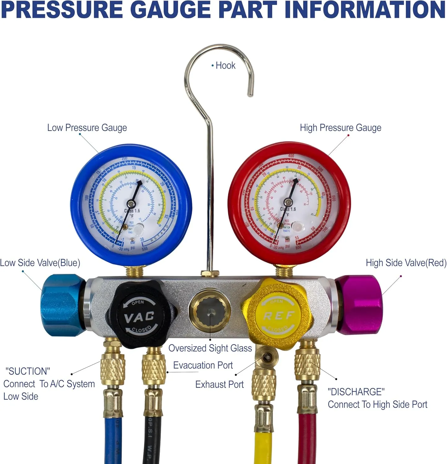 BACOENG AC Manifold Gauge Set for R134A R410A R22, Automotive 4 Way Refrigerant Recharge, with 5FT Hose, 3 Acme Tank Adapters, Adjustable Quick Couplers and Universal Can Tap
