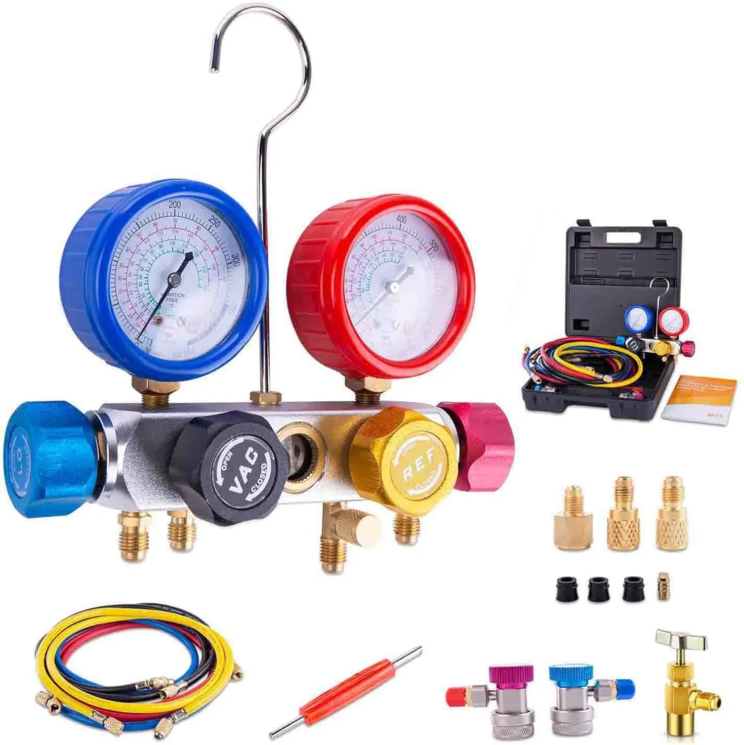 BACOENG AC Manifold Gauge Set for R134A R410A R22, Automotive 4 Way Refrigerant Recharge, with 5FT Hose, 3 Acme Tank Adapters, Adjustable Quick Couplers and Universal Can Tap