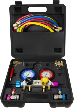 BACOENG AC Manifold Gauge Set for R134A R410A R22, Automotive 4 Way Refrigerant Recharge, with 5FT Hose, 3 Acme Tank Adapters, Adjustable Quick Couplers and Universal Can Tap