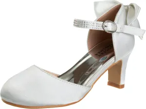 Badgley Mischka Girls Dress Shoes - Kids High Heel Pumps Slip-On Party Block Closed Toe Sandal Satin with Bow (Little Kid/Big Kid) (Black/White/Red/Pink)