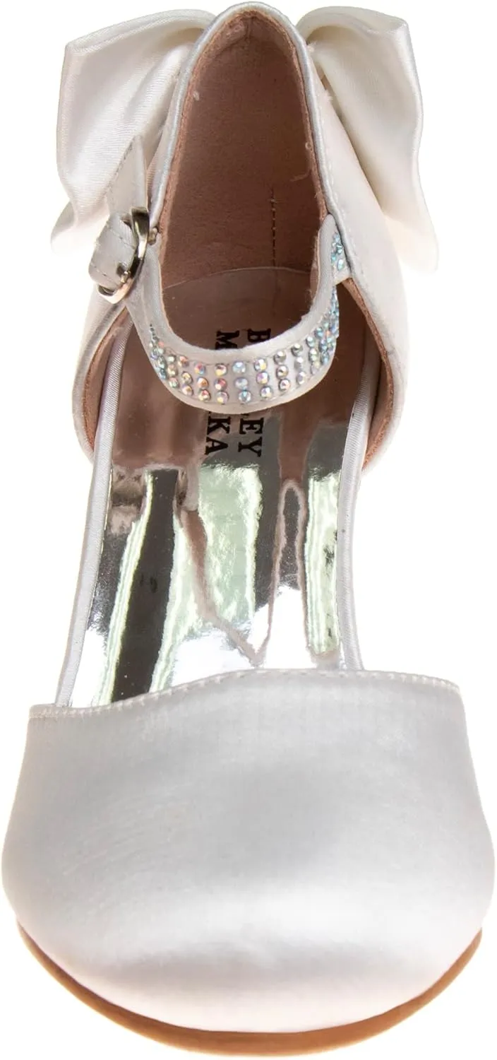 Badgley Mischka Girls Dress Shoes - Kids High Heel Pumps Slip-On Party Block Closed Toe Sandal Satin with Bow (Little Kid/Big Kid) (Black/White/Red/Pink)