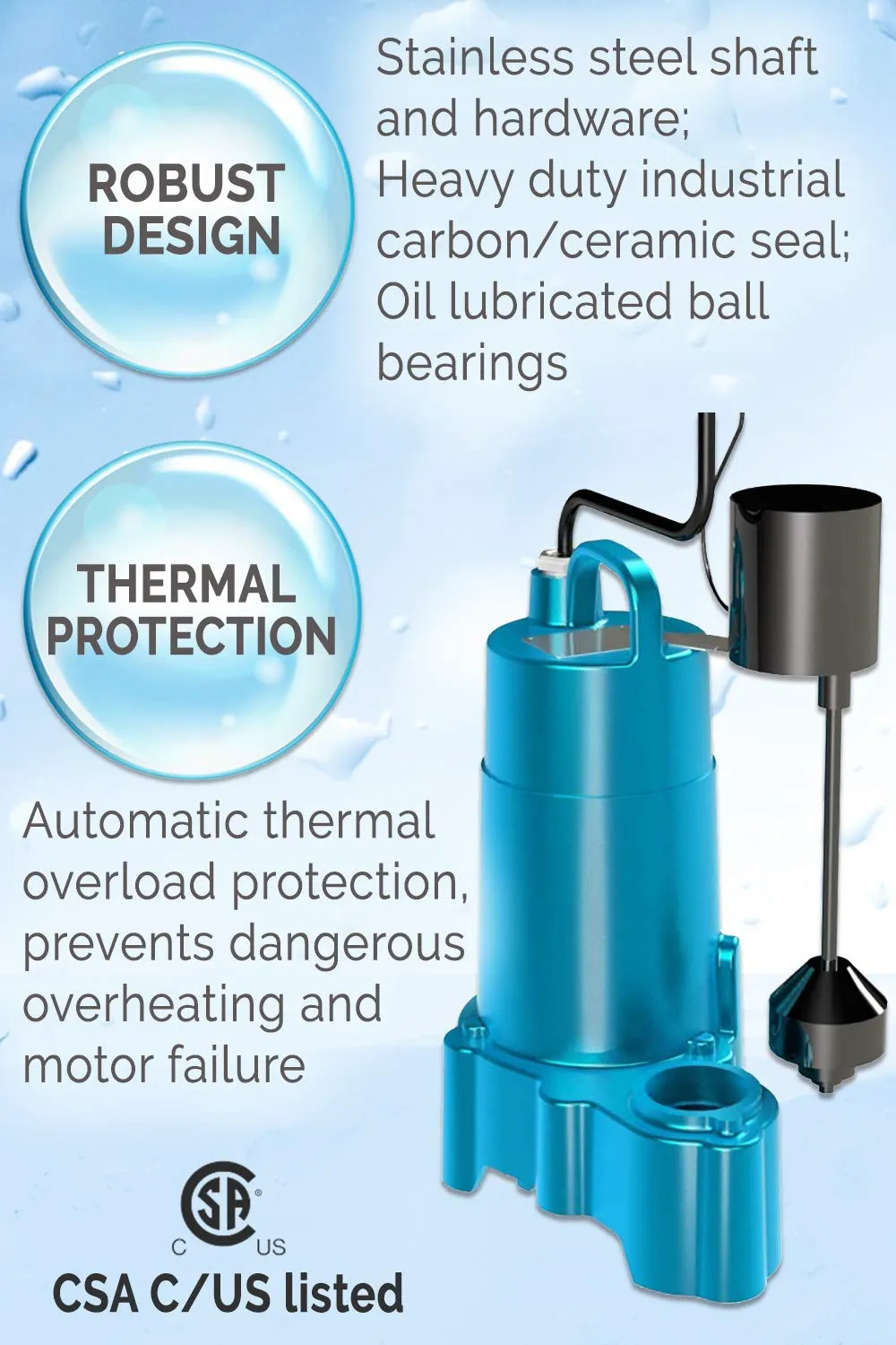 Barnes 112551 Model SP33VF Submersible Sump Pump - High-Efficiency for Residential Use, Cast Iron Vortex Impeller, 1/3 HP, 3000 GPH, Piggyback Mechanical Float Switch, 10 Waterproof Cord, 9"x9" Frame