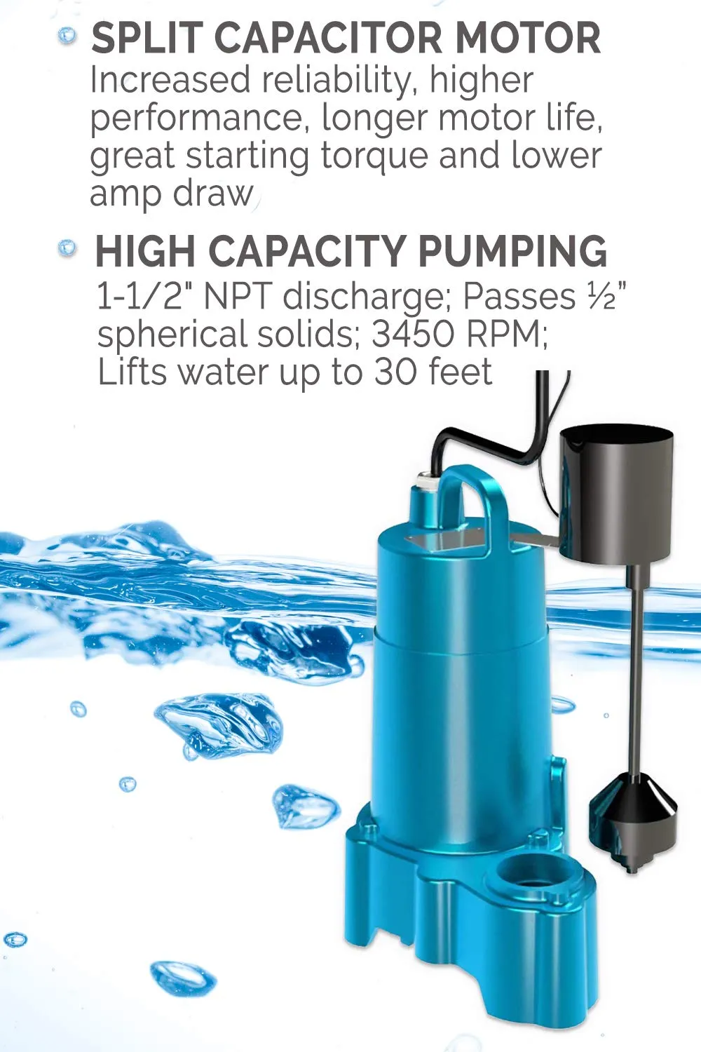 Barnes 112551 Model SP33VF Submersible Sump Pump - High-Efficiency for Residential Use, Cast Iron Vortex Impeller, 1/3 HP, 3000 GPH, Piggyback Mechanical Float Switch, 10 Waterproof Cord, 9"x9" Frame