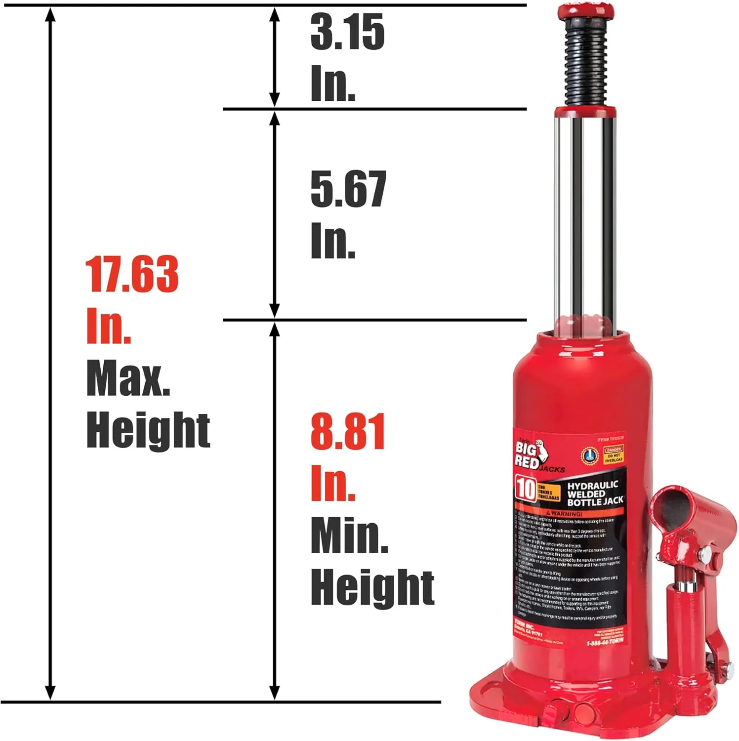 BIG RED T91003B Torin Hydraulic Welded Bottle Jack, 10 Ton (20,000 lb) Capacity, Red