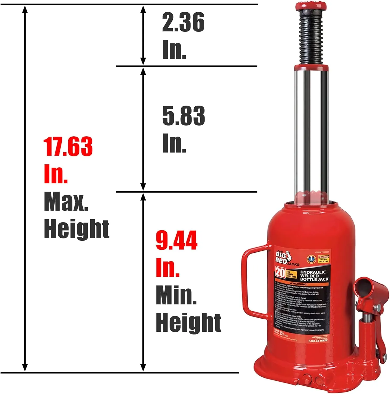 BIG RED T92003B Torin Hydraulic Welded Bottle Jack, 20 Ton (40,000 lb) Capacity, Red