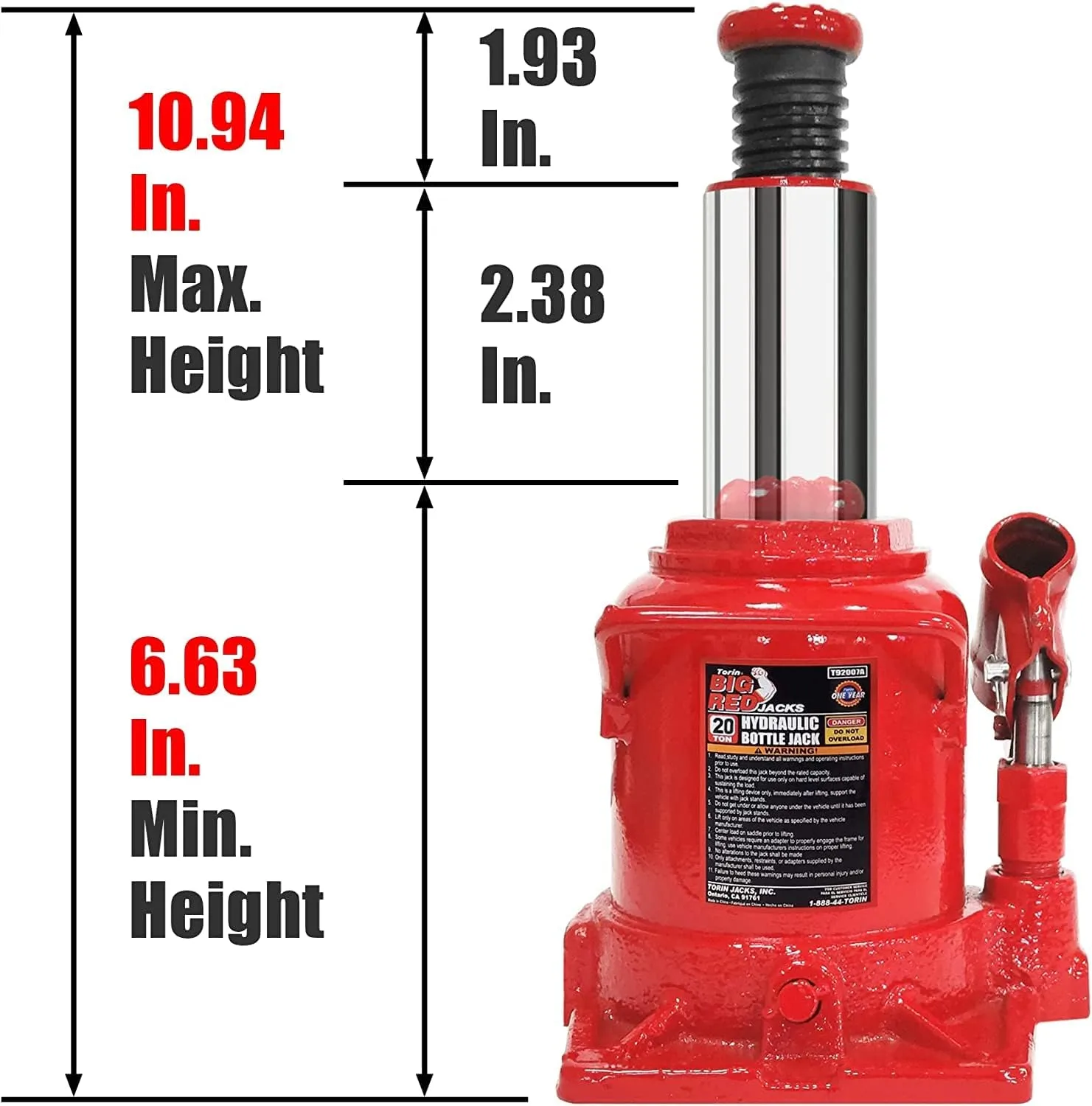 BIG RED TAM92007A Torin Hydraulic Stubby Low Profile Bottle Jack, 20 Ton (40,000 lb) Capacity, Red