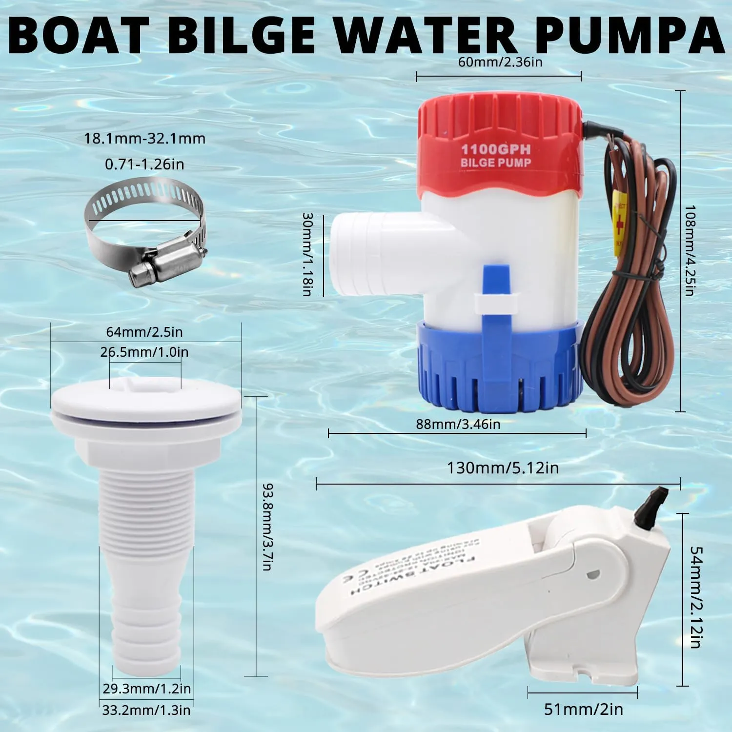 Bilge Pump Kit For Boats 12v, 1100 GPH Non-Automatic Pump Float Switch 12v 24 V 32 V with 1-1/8 Inch Plumbing Kit, Including Hose, Clamps, Thru Hull Connectors for Boats