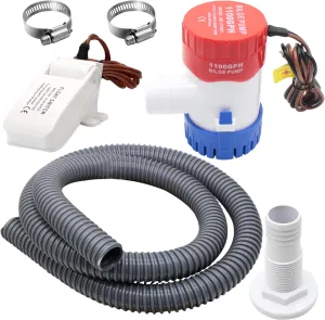Bilge Pump Kit For Boats 12v, 1100 GPH Non-Automatic Pump Float Switch 12v 24 V 32 V with 1-1/8 Inch Plumbing Kit, Including Hose, Clamps, Thru Hull Connectors for Boats