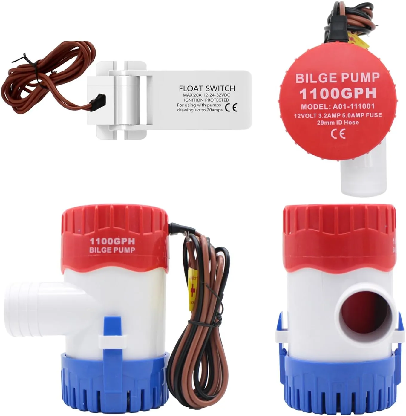 Bilge Pump Kit For Boats 12v, 1100 GPH Non-Automatic Pump Float Switch 12v 24 V 32 V with 1-1/8 Inch Plumbing Kit, Including Hose, Clamps, Thru Hull Connectors for Boats