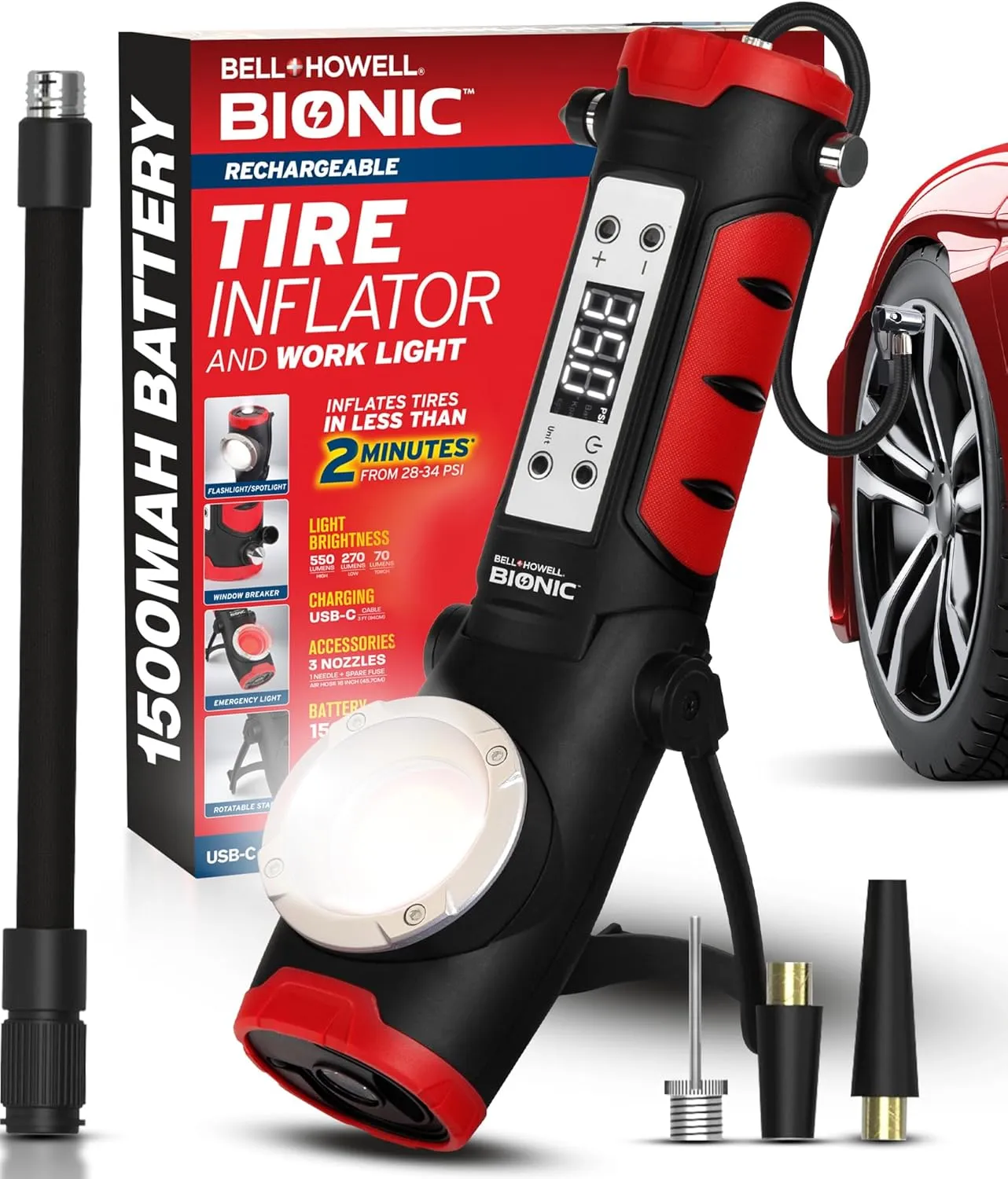 BIONIC RESCUE Car Tire Inflator Portable Air Compressor with LED Road Flare, Work Light, & Window Breaker, 1500MAH Air Pump with Pressure Gauge, Emergency Lights for Vehicles, Rechargeable (120 PSI)