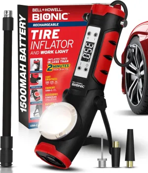 BIONIC RESCUE Car Tire Inflator Portable Air Compressor with LED Road Flare, Work Light, & Window Breaker, 1500MAH Air Pump with Pressure Gauge, Emergency Lights for Vehicles, Rechargeable (120 PSI)