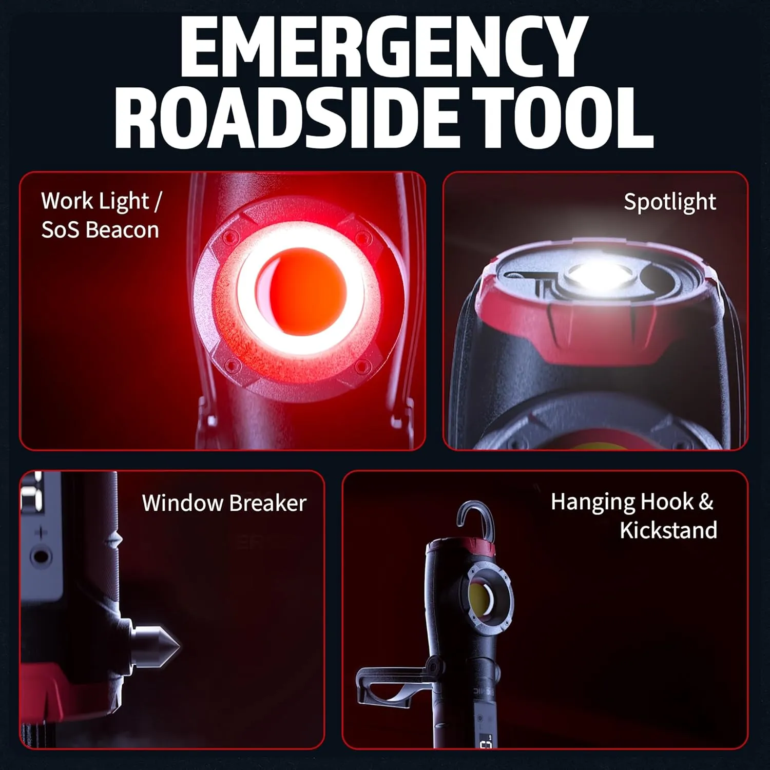 BIONIC RESCUE Car Tire Inflator Portable Air Compressor with LED Road Flare, Work Light, & Window Breaker, 1500MAH Air Pump with Pressure Gauge, Emergency Lights for Vehicles, Rechargeable (120 PSI)