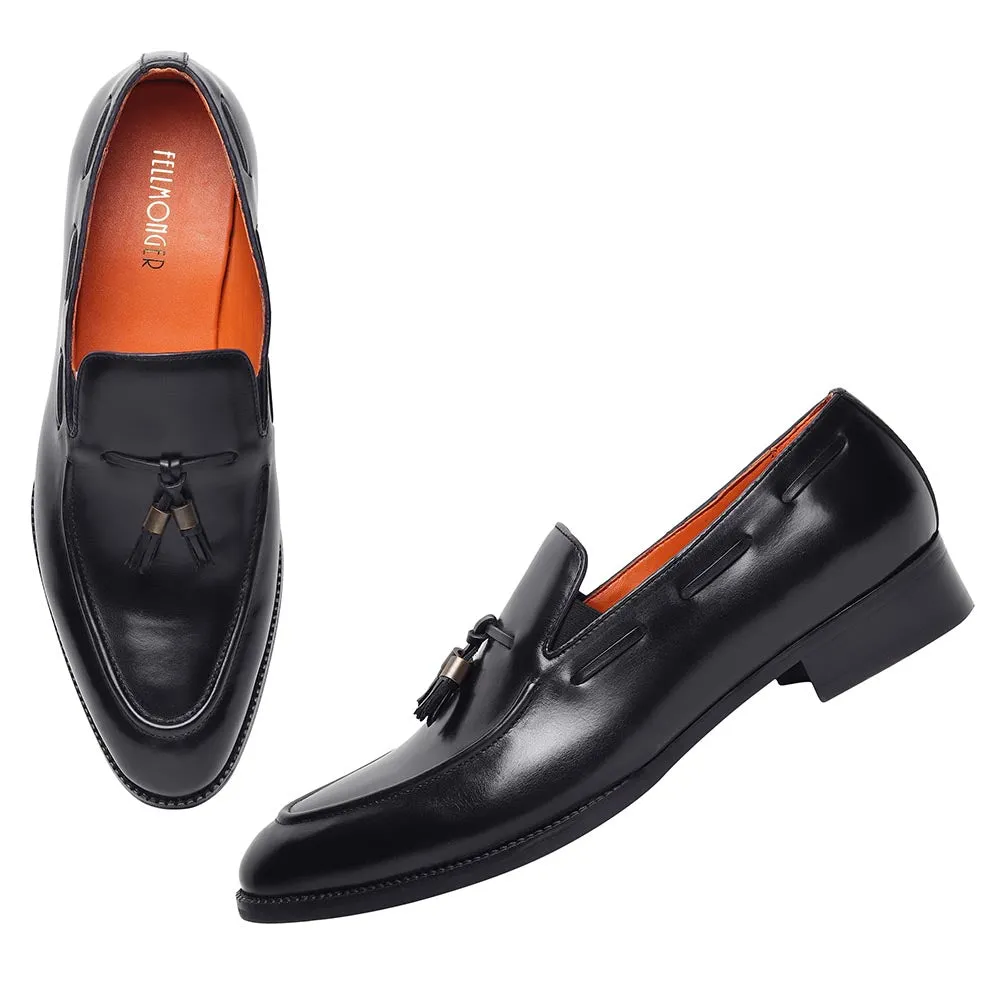 Black Classic Mirror Glossed Tassel Loafer With Metal Detail