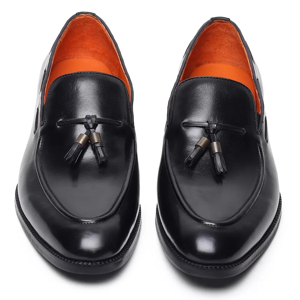 Black Classic Mirror Glossed Tassel Loafer With Metal Detail
