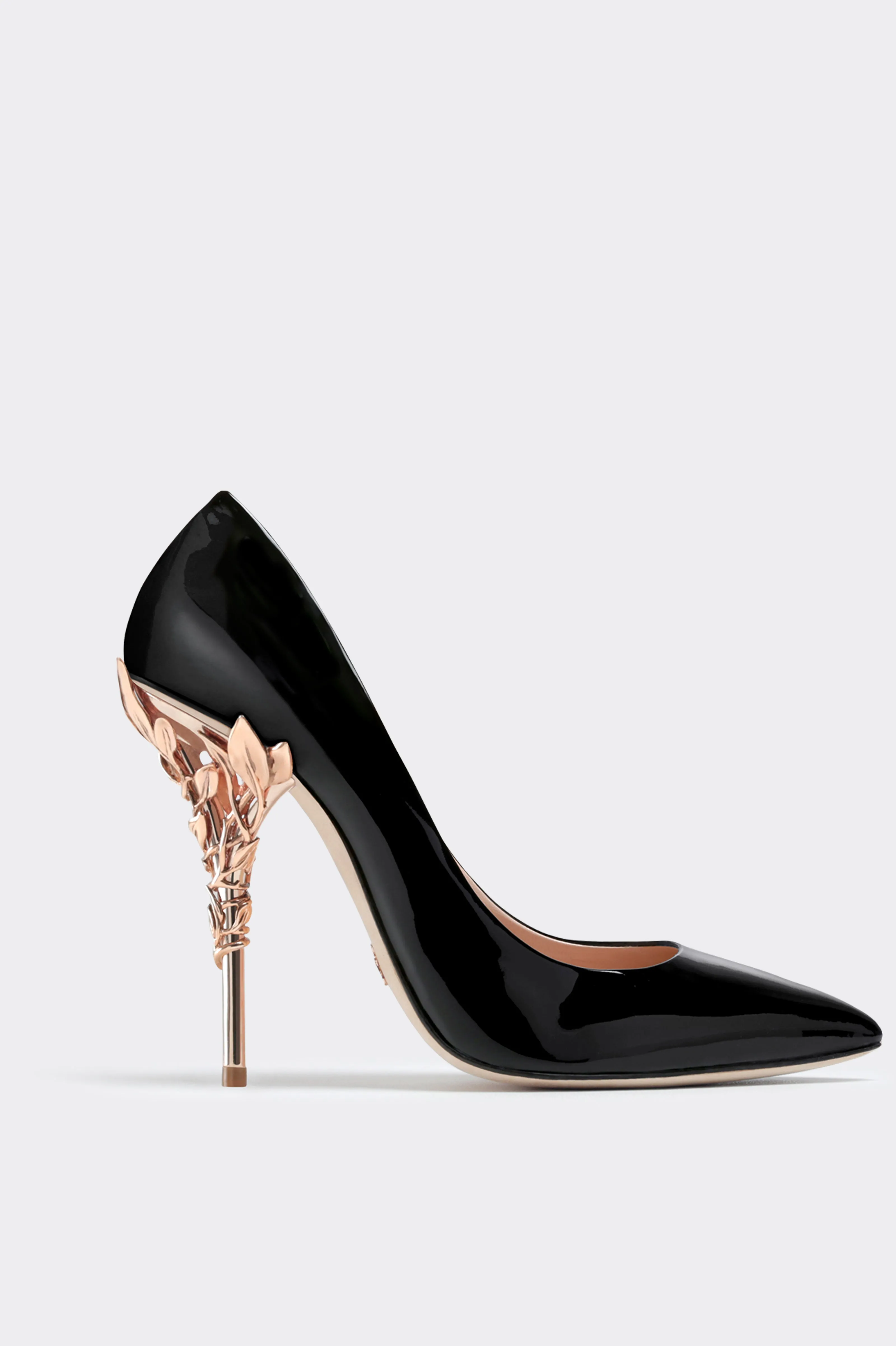 Black Patent Leather Eden Heels with Rose Gold Leaves