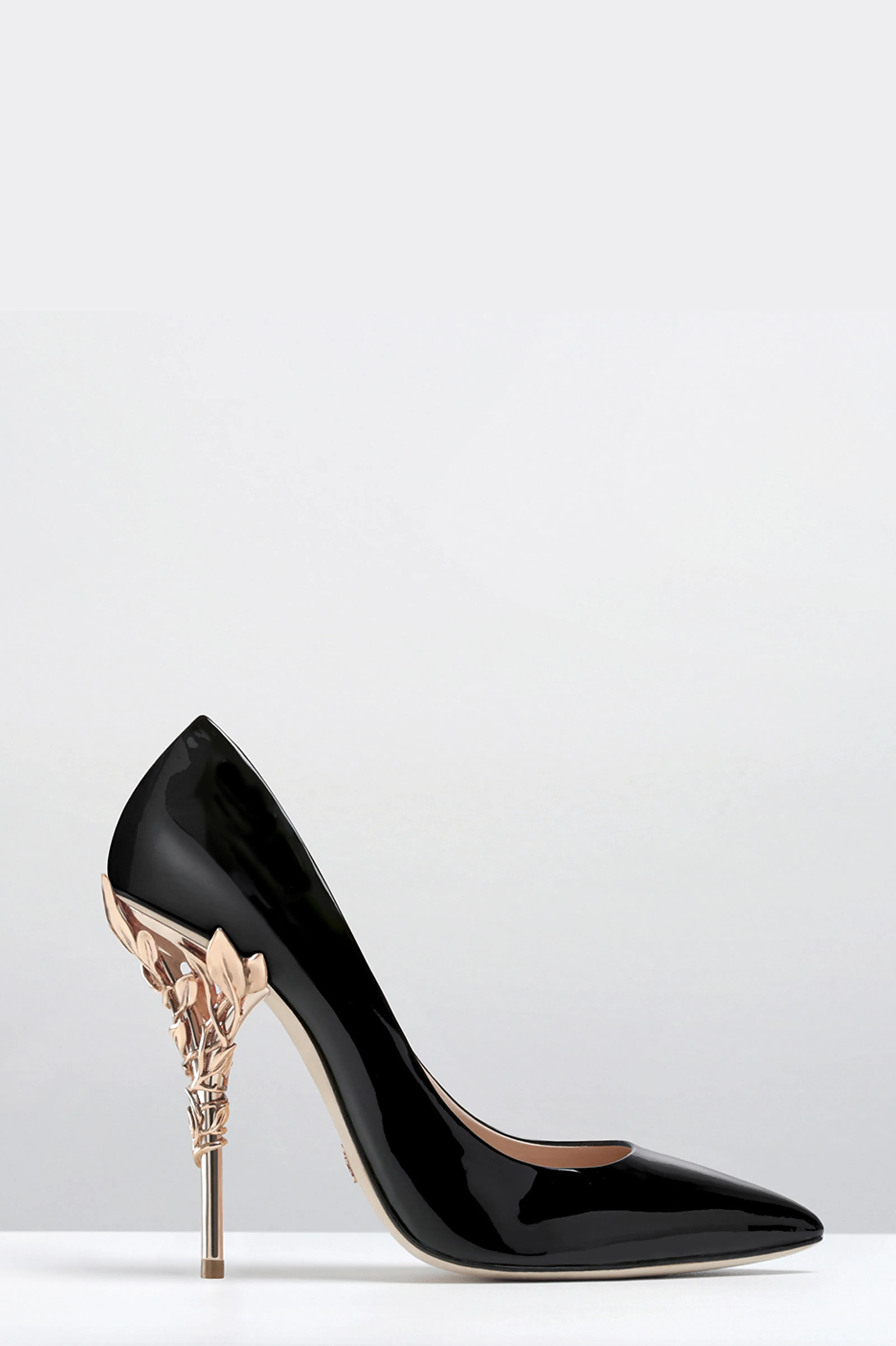 Black Patent Leather Eden Heels with Rose Gold Leaves