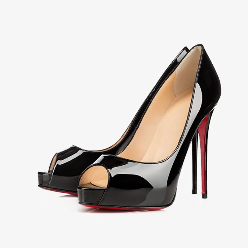 Black Patent Leather Peep Toe Pumps