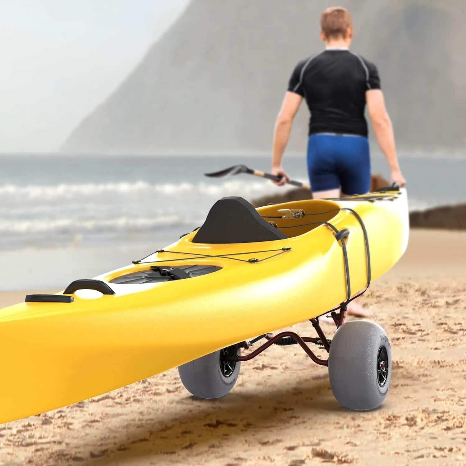 Bonnlo Kayak Cart Trolley Canoe Paddle Board Boat Cart Carrier Dolly with 12" Big Beach Wheels Balloon Kayak Transport Wheels Cart Foldable, Free Pump, 2 Ratchet Straps- Perfect for Soft Sand